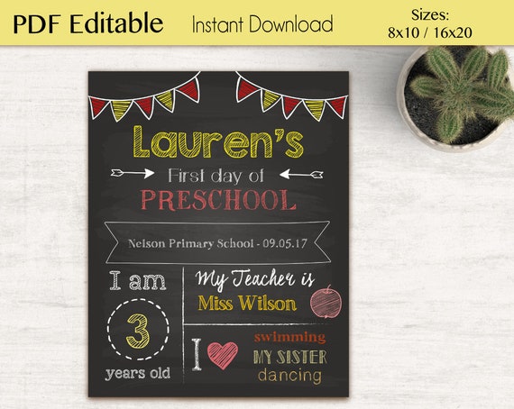 First/Last Day of School Chalkboard Print, Editable text Yellow Red, DIY, Chalkboard Sign, Kindergarten, Grade School, INSTANT DOWNLOAD