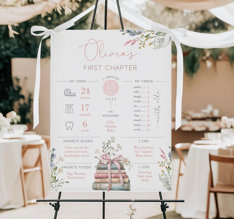 May include: A white sign on a black easel with the text "Olivia's First Chapter." The sign includes baby stats: 61 cm, 7.7 kg, and 6 teeth. It also lists favorite books, foods, and milestones, with floral accents.