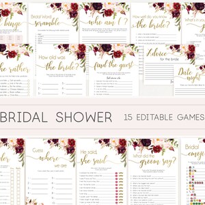 Jogos para chá de panela, pacote de jogos para chá de panela, jogos para chá de panela ouro, jogos editáveis, Marsala Burgundy Blush e Gold