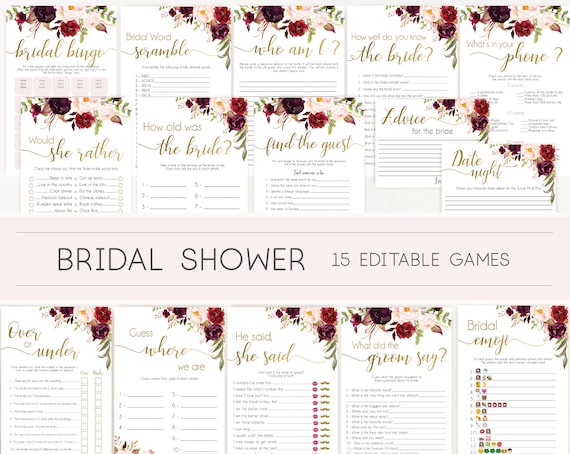 Bridal Shower Games, Bridal Shower Games Bundle, Bridal Shower Games Gold, Editable Games, Marsala Burgundy Blush and Gold