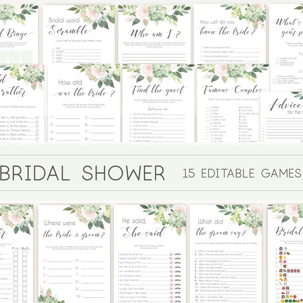 Bridal Shower Games, Bridal Shower Games Bundle, Editable Bridal Shower Games, Package Set Bundle, Succulent Greenery
