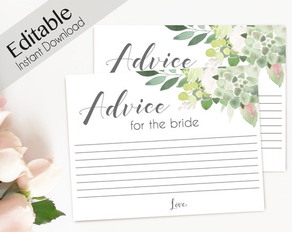 Advice Card Printable, Bridal Shower Advice Card, Advice for the bride and groom, Instant Download, Greenery Succulent Blush flower