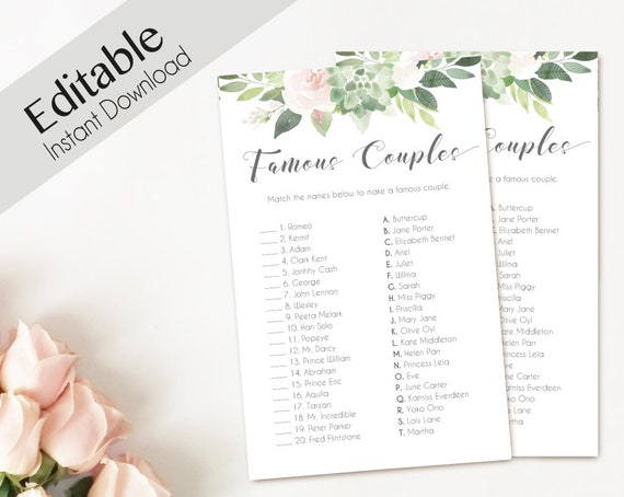 Bridal Shower Game Match the FAMOUS COUPLES, Editable PDF Instant Download, Bridal Shower Succulent Dusty Rose Editable Wedding Shower Game