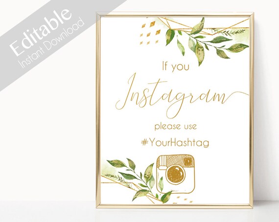 Instagram Bridal Sign, Instagram Wedding Sign, If You Instagram Sign, Instagram Sign Template, Editable Wedding Hashtag Sign, greenery gold