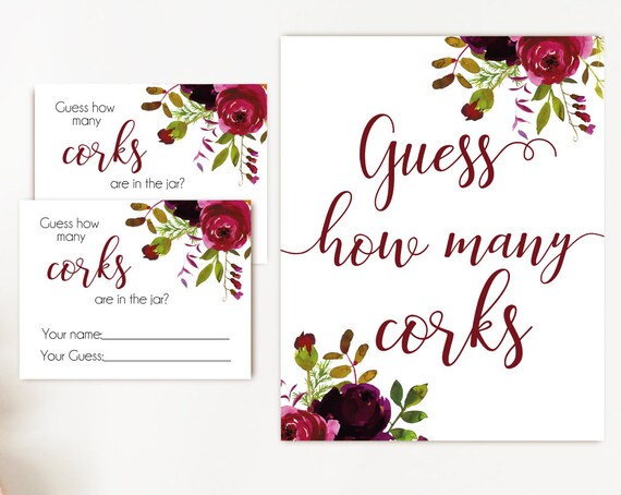 How many corks are in the jar sign, Burgundy Boho Marsala Flowers, How many corks cards and sign Bridal Shower How many corks