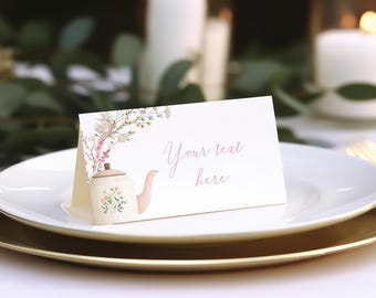 Tea Party Food Tent Card, Floral Teapot Buffet Labels (Digital Download)