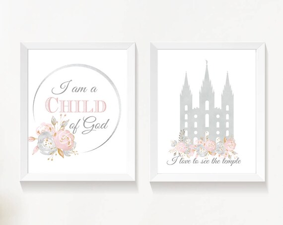 Set of 2 print, I am a child of God, lds Temple, Instant Download Printable LDS Gift Art print Girls room decor, Pink and grey, Flowers