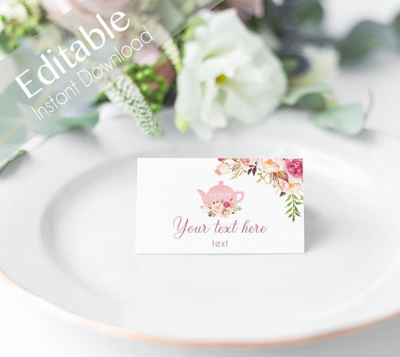 EDITABLE Tent Cards, Tent Flat Cards, Bridal tea, Printable Romantic Bloom Blush Pink Flower Gold, Editable Place Card Bridal Shower