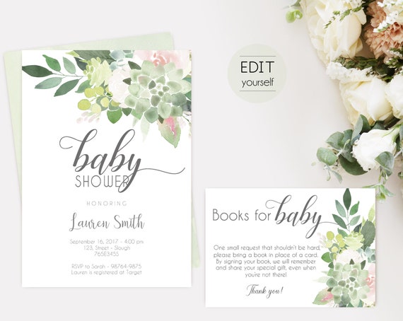 Succulent Baby Shower Invitation, Editable Succulent Dusty Rose, Baby Shower invitation, Editable Books for Baby Shower Card, Editable PDF