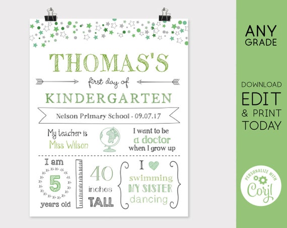 Back to School Sign 2025, First/Last Day of School Sign, First day of School Whiteboard Editable school sign, Chalkboard Boy, Green Stars