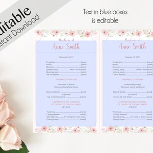 Baptism Program LDS Printable Digital, Editable PDF, Songs Handout Girl Baptism Pink Flowers, Baptism Template, Girl Baptism image 2