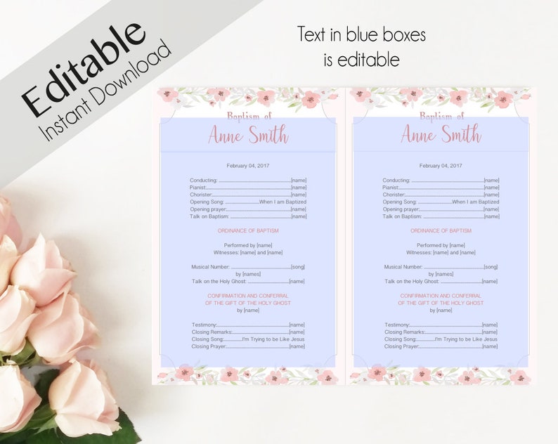 Baptism Program LDS Printable Digital, Editable PDF, Songs Handout Girl Baptism Pink Flowers, Baptism Template, Girl Baptism image 2