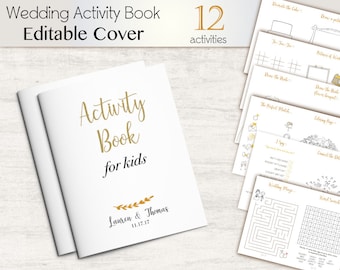 Kids Activity Pack Wedding Children Editable Cover Activities Book, Favor Kids Activity Book, Coloring Page, Instant Download, Gold