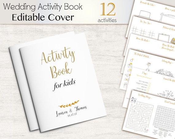 Kids Activity Pack Wedding Children Editable Cover Activities Book, Favor Kids Activity Book, Coloring Page, Instant Download, Gold