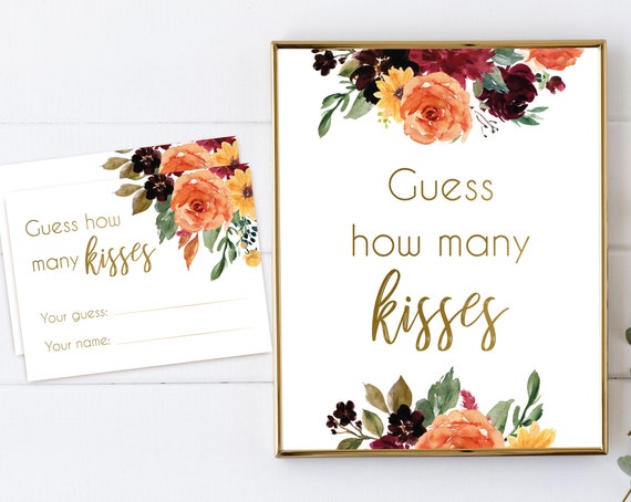 Guess how many kisses sign, How many kisses cards and sign, Bridal Shower How many kisses, Autumn fall flowers