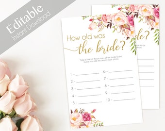 Bridal Shower Game How old was the bride Editable PDF Bridal Shower Romantic Blush Pink Blooms Gold Watercolor Flowers, Editable Game