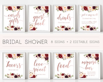 Bridal Shower Sign, Bridal Shower Sign Package Bundle,Printable Bridal Tea, Marsala Burgundy Blush Floral Rose Gold, Editable Sign