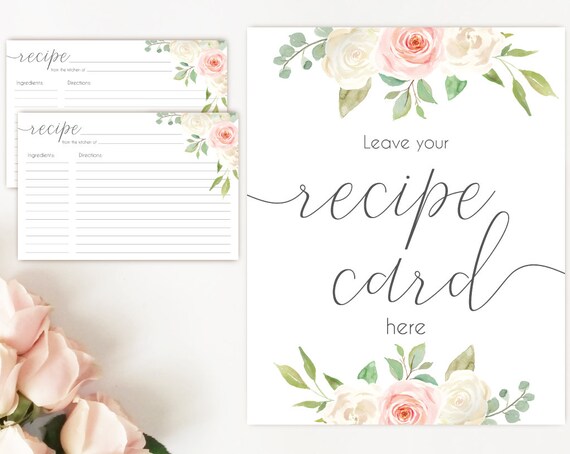 Recipe Cards Bridal Shower, Recipe Sign, Recipe Card Printable White Blush Pink Flower, Recipe Card Floral INSTANT DOWNLOAD Printable 4x6