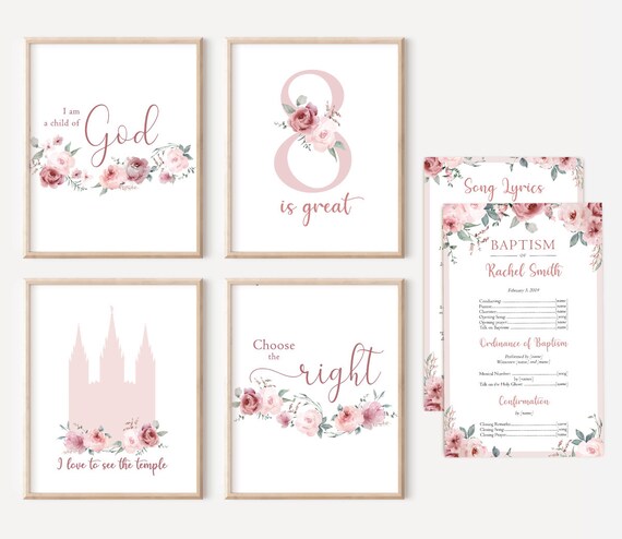 Editable LDS Baptism Program, Poster Baptism, Choose the Right, I love to see the temple, Dusty Rose Baptism, Instant Download, Corjl