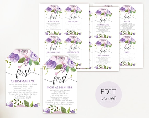 Editable Wine Tags with Poems for Wedding, Marriage Milestone Wine Basket Tag template, Lilac Lavender Flower, wine poem tags