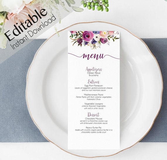 Editable Menu Bridal Shower, Party Menu Printable Purple Lavender Floral Event Menu purple Floral Menu Card Wedding Reception, Editable Menu