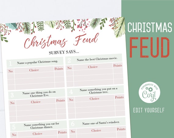 Christmas Family Feud game, Editable Christmas Feud, Holiday Party game, Christmas printable, Christmas games, Corjl