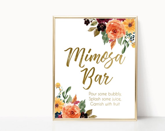 Mimosa Bar Sign, Autumn fall flowers, Orange Sunflower Gold, Bubbly Bar sign, Wedding Bar Sign