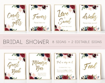 Bridal Shower Sign Set, Bridal Shower Sign Package Bundle,Printable Bridal Tea Blue Navy Marsala Burgundy Blush Floral Gold Editable Sign