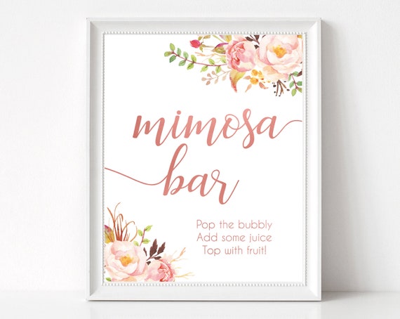 Mimosa Bar Sign, Romantic Blooms Rose Floral and Rose Gold, Bubbly Bar sign, Wedding Bar Sign