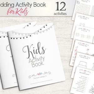 May include: A white activity book for kids with a pink and blue heart design. The cover features the text "Kids Activity Book" and "The book belongs to". The book includes 12 wedding-themed activities.
