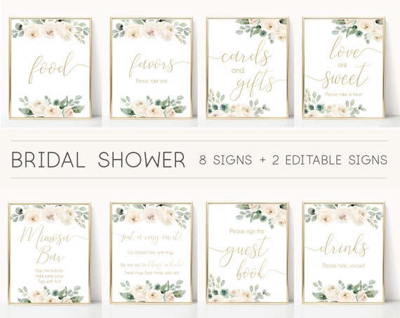 Bridal Shower Sign Set, Bridal Shower Sign Package Bundle, Printable Bridal Tea Sign, White Floral Gold Sign, Editable Sign Corjl