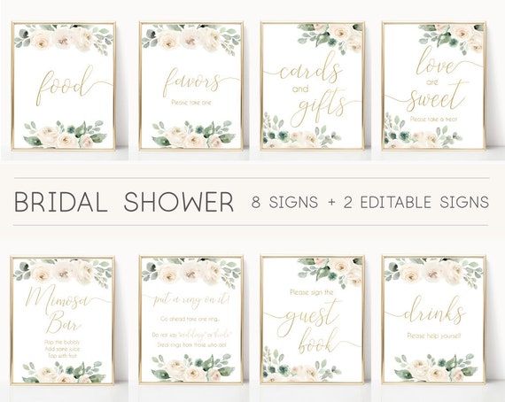 Bridal Shower Sign Set, Bridal Shower Sign Package Bundle, Printable Bridal Tea Sign, White Floral Gold Sign, Editable Sign Corjl