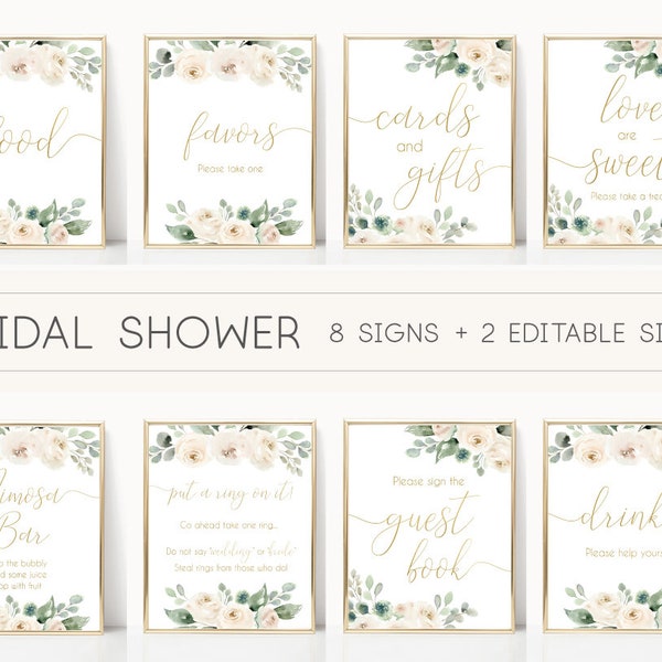 Bridal Shower Sign Set, Bridal Shower Sign Package Bundle, Printable Bridal Tea Sign, White Floral Gold Sign, Editable Sign Corjl