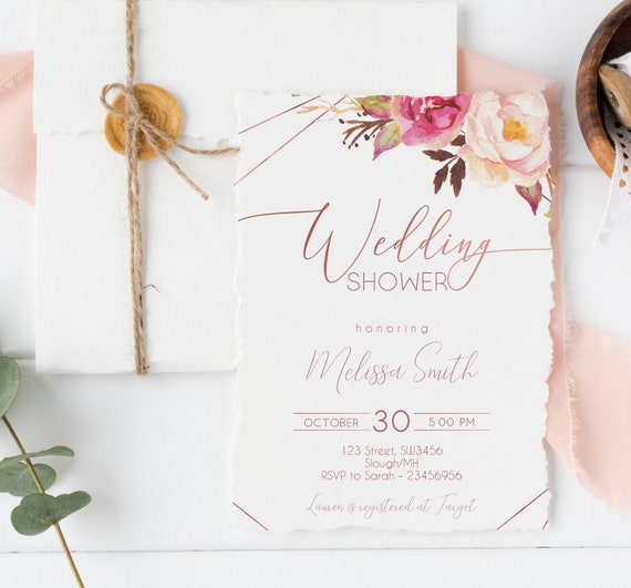 Rose Gold Wedding Shower Invitation, Editable Bridal Shower Invite, Bridal Shower Printable, Romantic Blush Rose Flowers Geometric