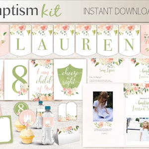Doopmeisje Kit, bewerkbare LDS doopprogramma, Cupcake Toppers, Waterfles Wraps, Notitiekaart, Poster Doopsel, banner, perzikgroene bloemen