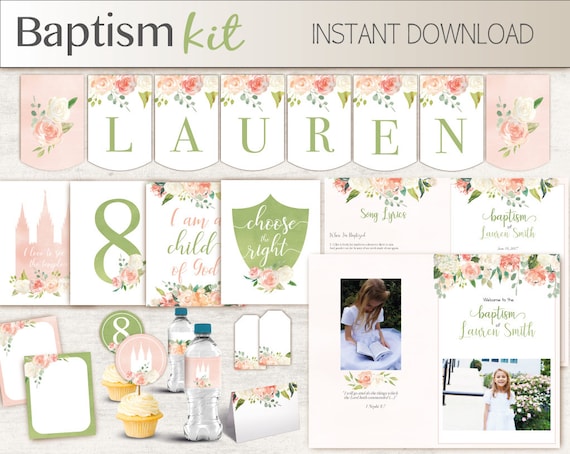 Baptism Girl Kit, Editable LDS Baptism Program, Cupcake Toppers, Water Bottle Wraps, Note Card, Poster Baptism, banner, peach green flowers