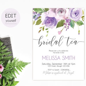 May include: A purple and white floral bridal tea invitation with the text "bridal tea" in cursive. The invitation includes the bride-to-be's name, Melissa Smith, the date and time of the event, the address, and RSVP information.