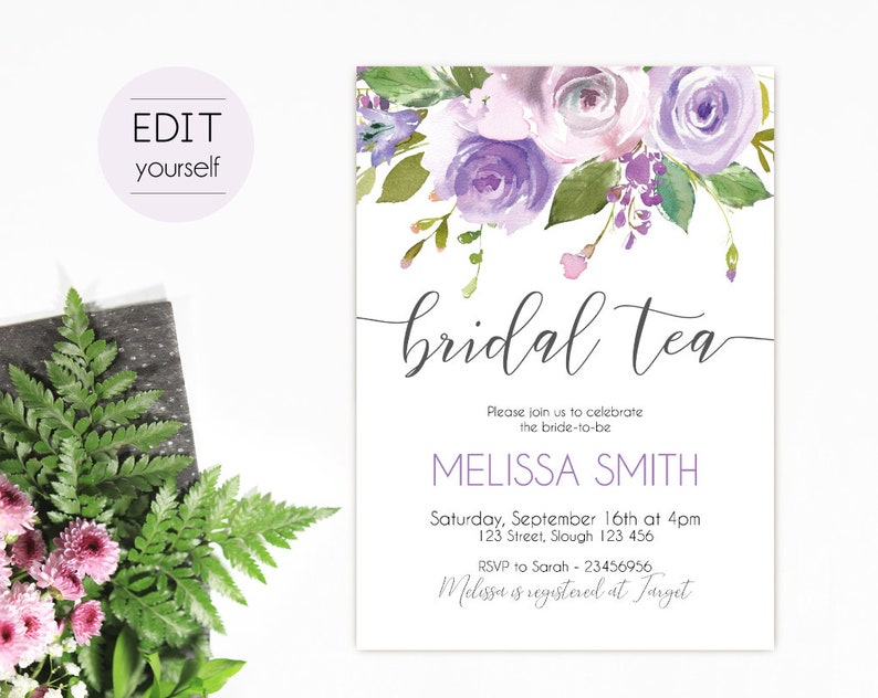 May include: A purple and white floral bridal tea invitation with the text "bridal tea" in cursive. The invitation includes the bride-to-be's name, Melissa Smith, the date and time of the event, the address, and RSVP information.