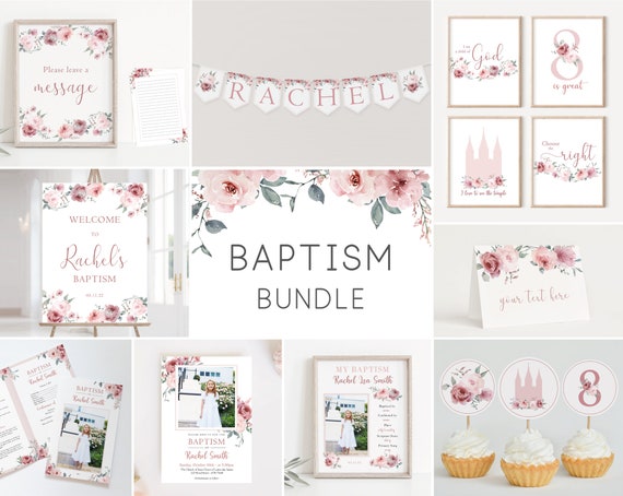 Editable LDS Baptism Set, Party Kit, LDS Primary, Baptism Decoration, Baptism Template, Dusty Rose baptism, Editable Template, Corjl