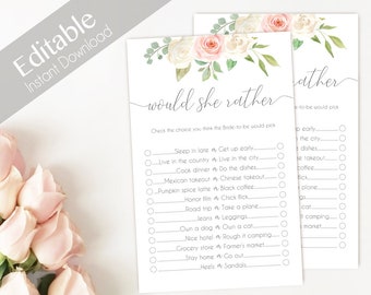 Bridal Shower Game Would She Rather Editable PDF Bridal Shower Romantic Blush Pink White Watercolor Flowers, Editable Game, would she rather