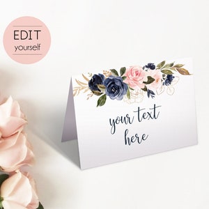 Cartão de lugar editável, modelo de cartão de lugar, cartões de assento, números de mesa, azul marinho empoeirado rosa blush dourado, PDF editável, download instantâneo