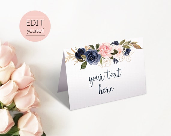Editable Place Card, Place Card Template, Seating Cards, Table Numbers, navy dusty rose blush gold, Editable PDF, Instant Download