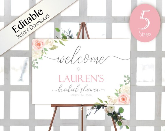 Welcome Sign Bridal Shower, Template Bridal Shower, Editable PDF, Welcome Bridal Shower Sign Romantic White Blush Pink Floral, Editable Sign