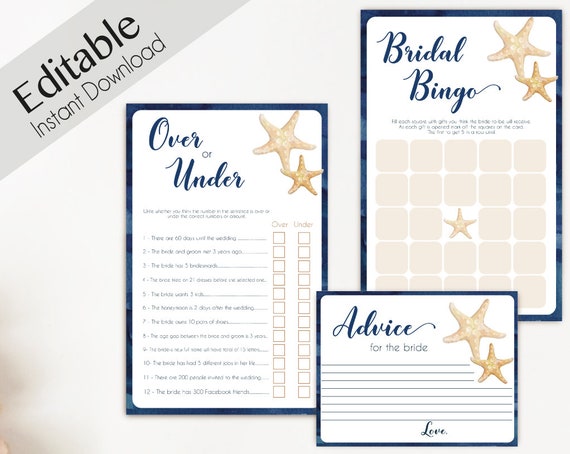 Bridal Shower Games Beach Navy Sea Starfish Editable Games Bridal Shower Bridal Bingo, Advice, Over or Under Bridal Game Nautical