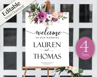 Welcome Sign Wedding Template, Editable PDF,  Floral Lavender Wedding welcome sign, Wedding welcome, Purple Welcome Wedding Sign