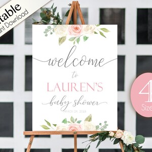 May include: A printable welcome sign for a baby shower with a floral design and the text "Welcome to Lauren's Baby Shower".
