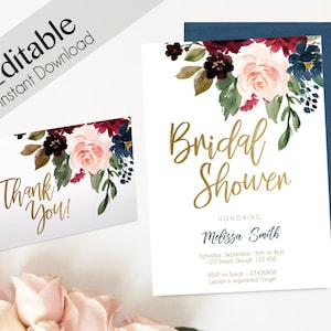 Invitation de douche nuptiale, PDF modifiable, douche nuptiale bleu marine Marsala Bourgogne Blush or carte de remerciement modèle d'invitation de mariée bricolage