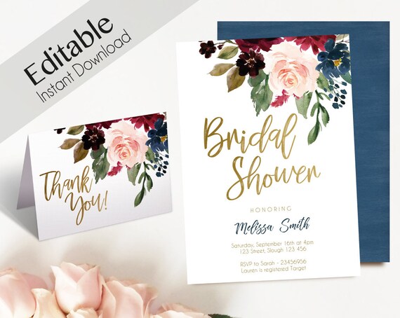 Bridal Shower Invitation, Editable PDF, Bridal Shower Blue Navy Marsala Burgundy Blush Gold Thank you Card  DIY Bridal Invitation Template