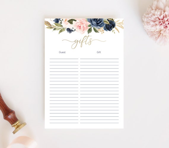 Gift List Printable Sheet, Bridal Shower Gift List printable, Gift Tracker, Navy Gold Rose Floral, Gift Checklist, Instant download