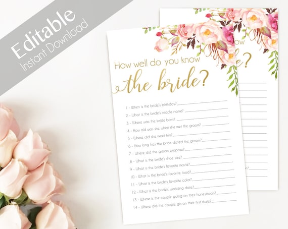 Bridal Shower Game, How well do you know the bride, Editable PDF, Bridal Shower Romantic Blush Pink Blooms Gold Flowers, Editable Game